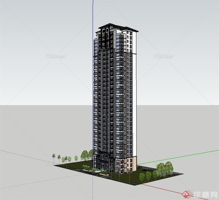 某新中式风格高层住宅小区楼设计su模型