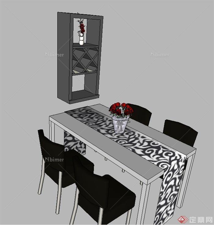 现代室内长方形四人餐桌椅设计SU模型