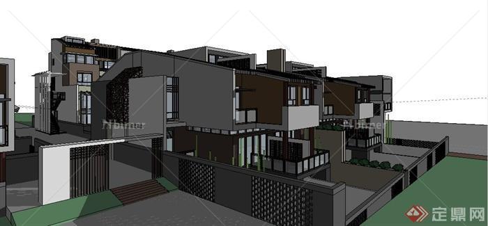 中式风格多层联排别墅建筑设计SketchUp模型[原创