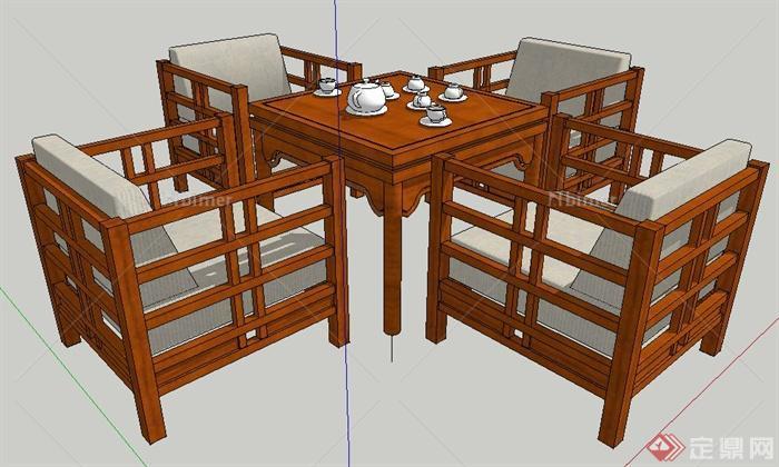 现代中式风格木制茶桌椅su模型