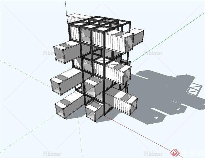 某现代风格详细精致集装箱多层住宅建筑设计SU模