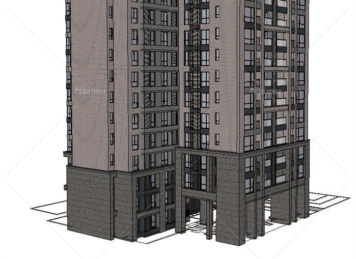 某现代风格超高层公寓建筑设计SU模型（一梯五户