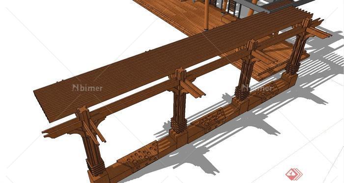 现代中式廊架设计su模型（木地板、木坐凳）