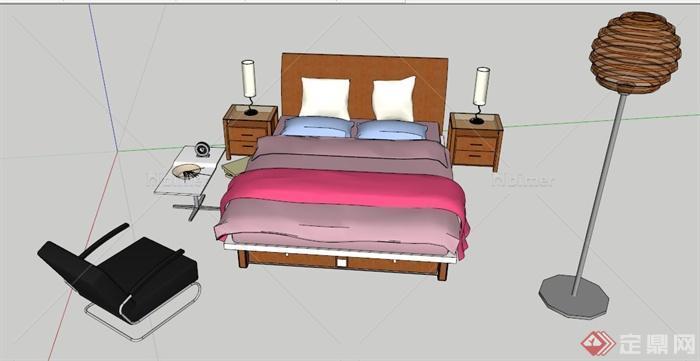 现代简约床及床头柜组合家具su模型