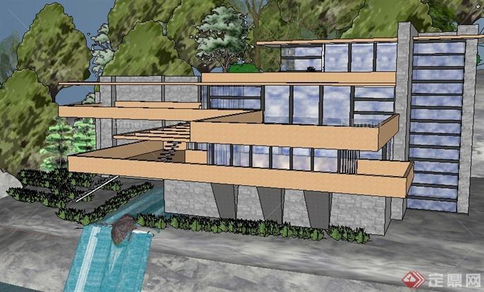 某现代山地流水别墅住宅建筑设计SU模型
