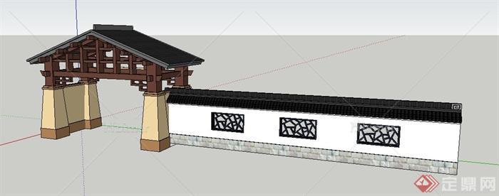 现代中式养生园大门及围墙su模型