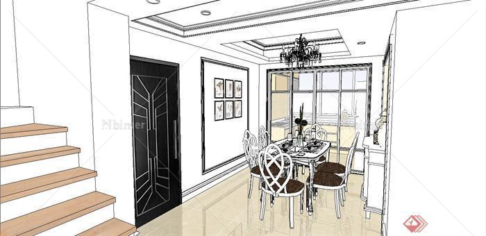 某欧式风格精致客厅餐厅室内装饰设计SU模型[原创