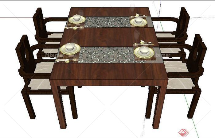 中式风格木制四人座餐桌椅su模型