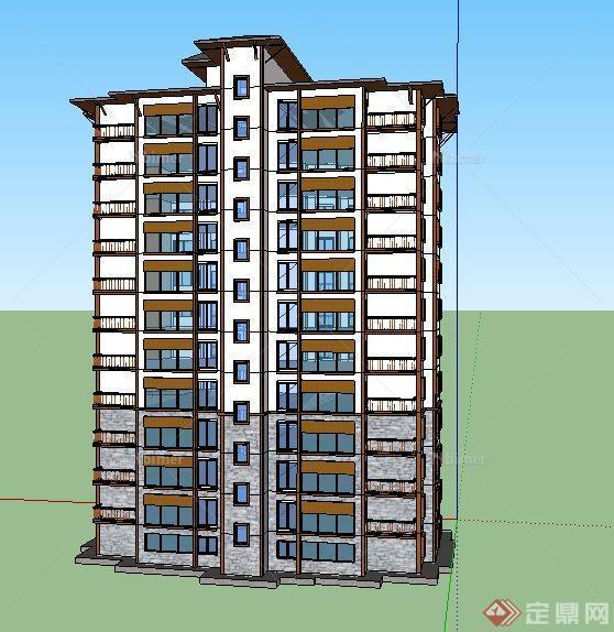 简约中式12层公寓楼住宅建筑su模型[原创]