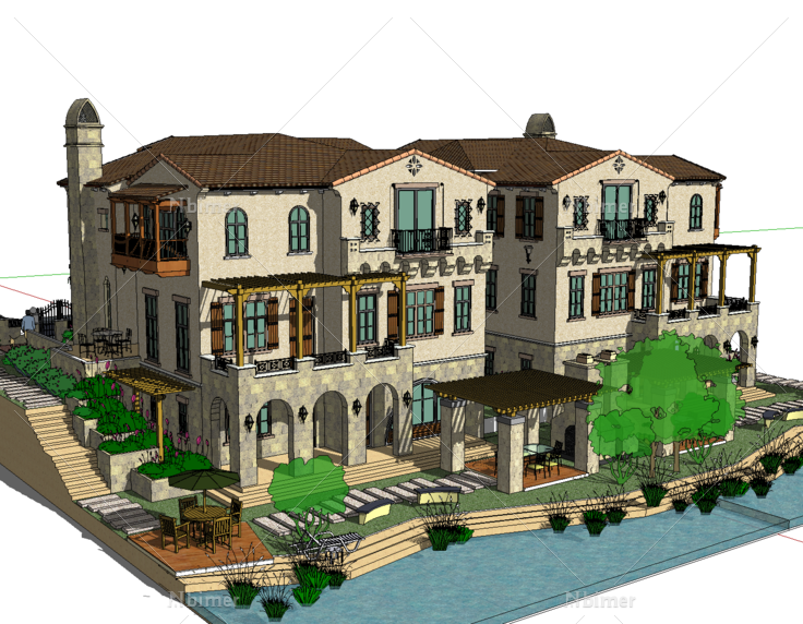 地中海风格独栋和双拼别墅SketchUp模型