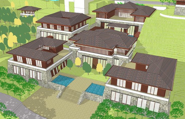 中式风格山地酒店建筑sketchup模型