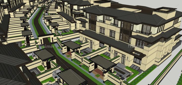 现代风格扇形排列联排别墅建筑群sketchup模型