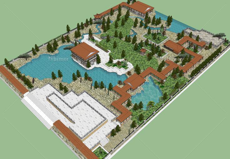 中式古典园林公园规划方案sketchup模型