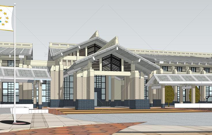 新中式风格温泉广场sketchup模型